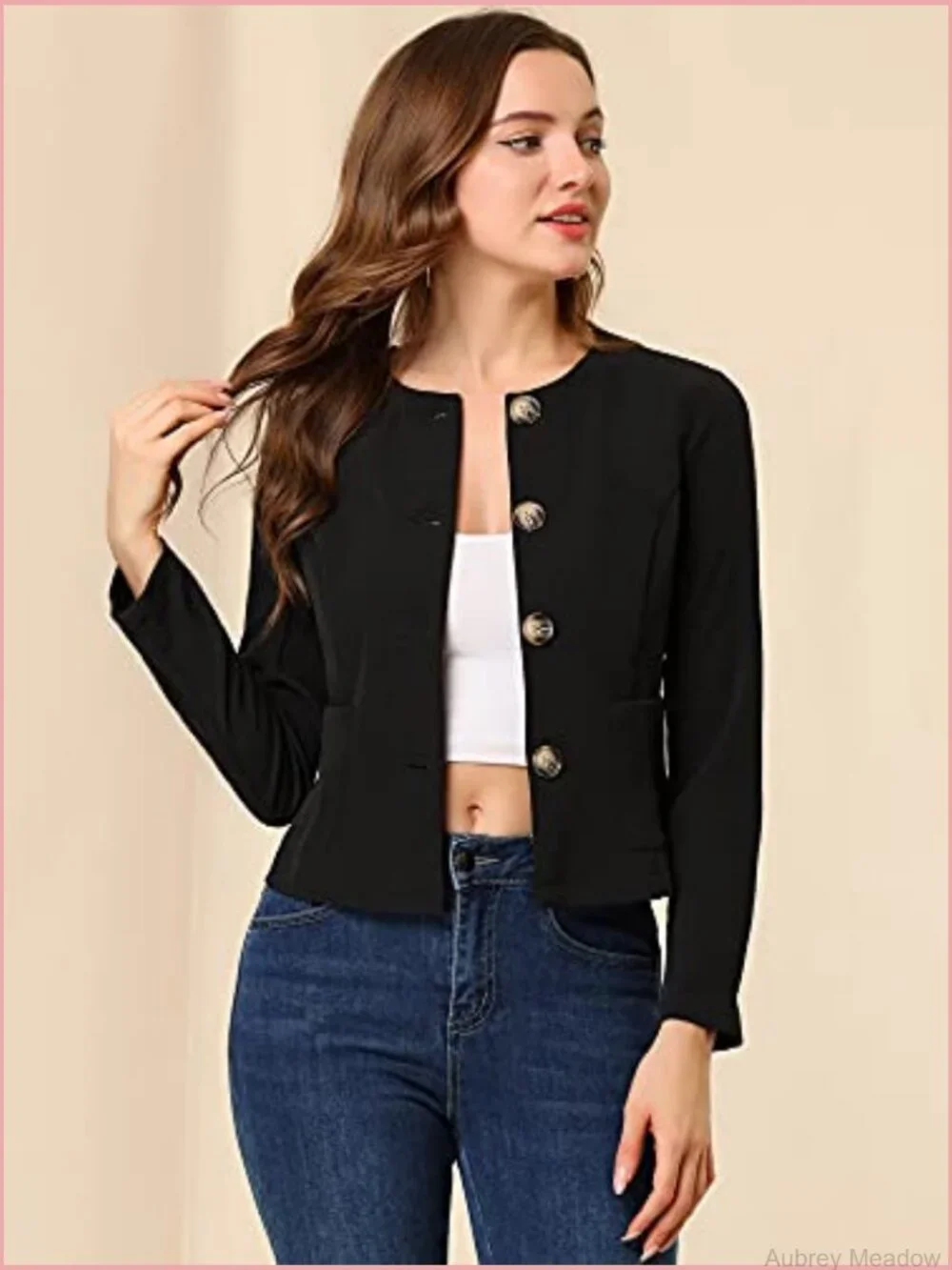 Women's Collarless Cropped Blazer Jacket Long Sleeve Button Front Work Office